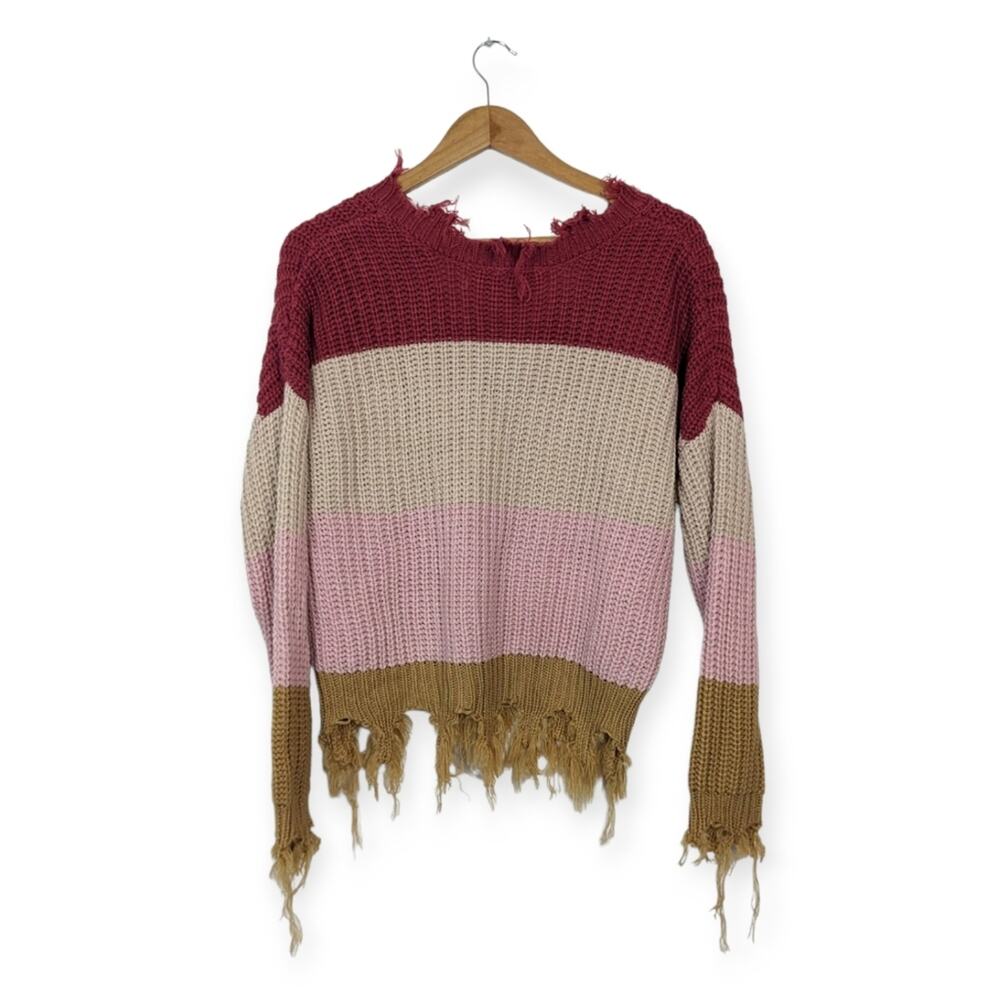 Love Tree Sweater S Pink Combo Colorblock Stripe Distressed V Neck Casual - Picture 2 of 7